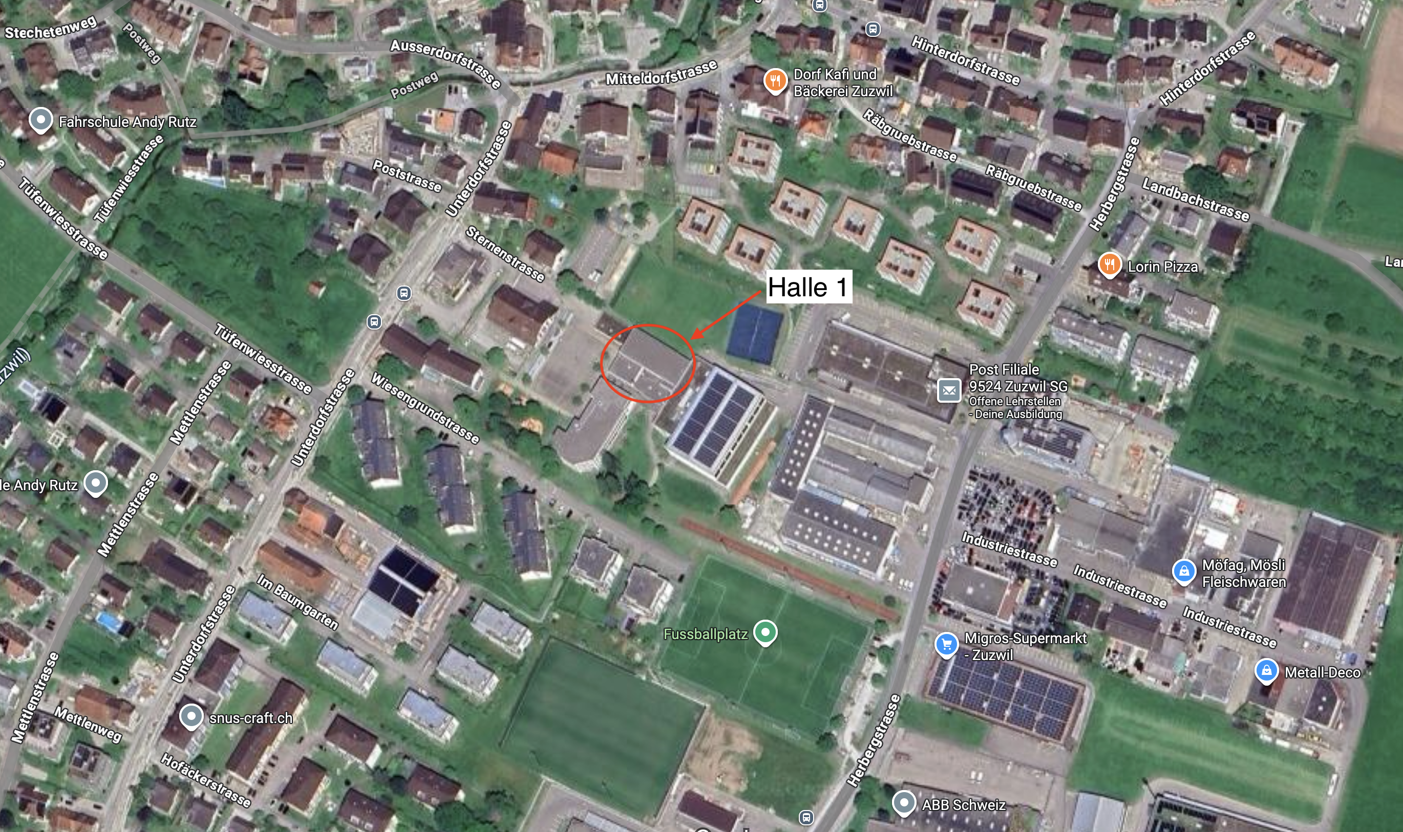Karte mit Standort der Halle 1 in Zuzwil